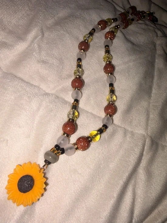 Sunflower Pendant Beaded Necklace - Yellow and Brown - Picture 4 of 4